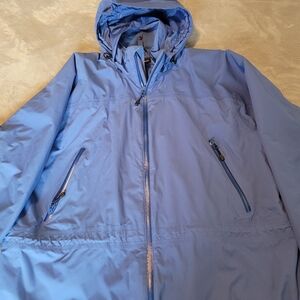 LANDS END MENS HOODED RAINCOAT BLUE SIZE XL 46/48 EUC ZIPPER POCKETS AQUA CHECK